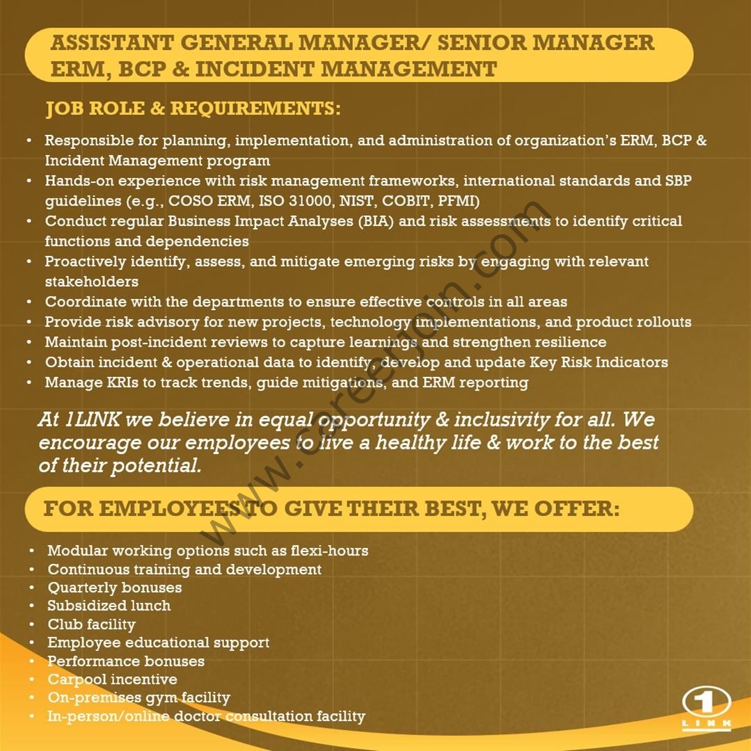 1Link Pvt Ltd Jobs Assistant General Manager/ Senior Manager ERM, BCP & Incident Management 2