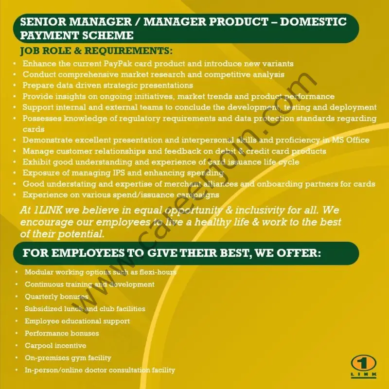 1Link Pvt Ltd Jobs Senior Manager / Manager Product Domestic Payment Scheme 2