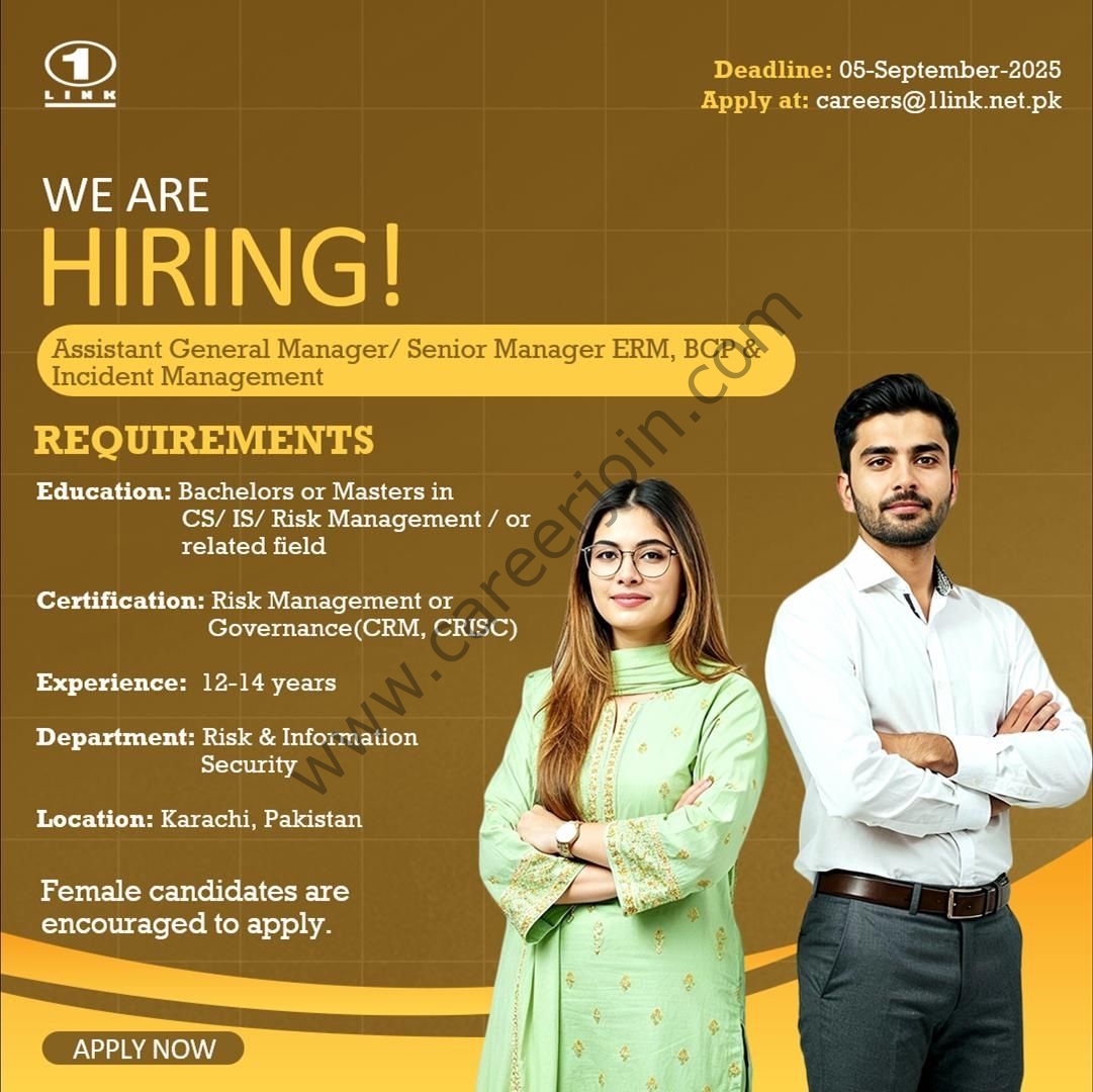 1Link Pvt Ltd Jobs Assistant General Manager/ Senior Manager ERM, BCP & Incident Management 1