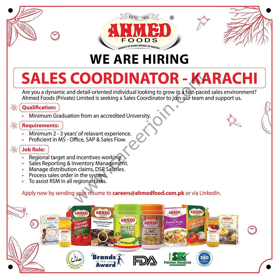 Ahmed Foods Pvt Ltd Jobs Sales Coordinator 1