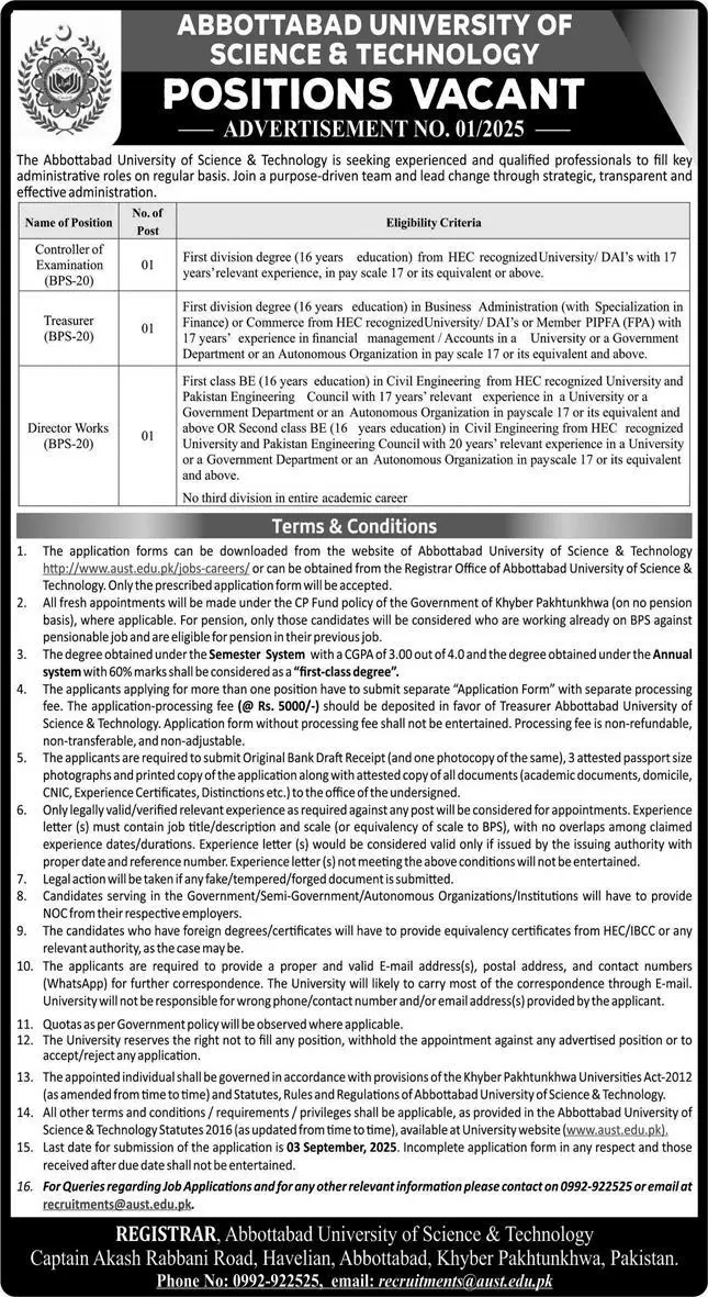 Abbottabad University of Science & Technology Jobs 17 August 2025 Express 1