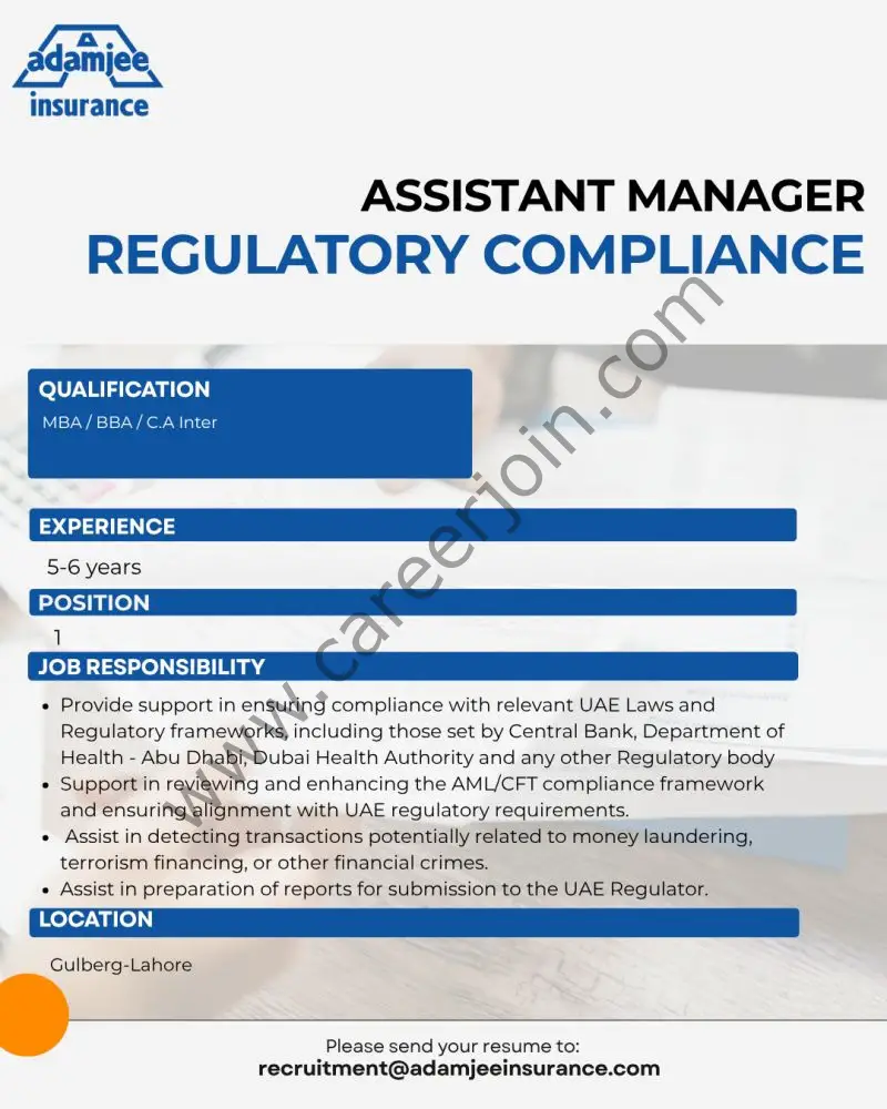 Adamjee Insurance Company Jobs Assistant Manager Regulatory Compliance 1