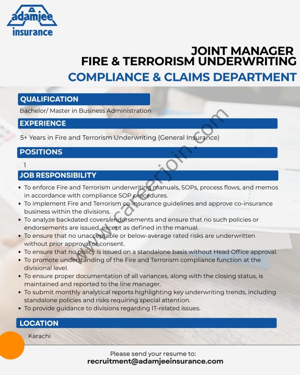 Adamjee Insurance Company Limited Jobs Manager Fire and Terrorism Underwriting 1