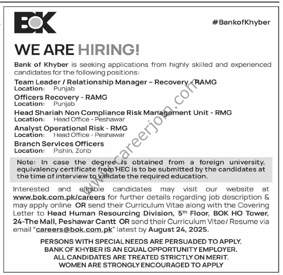 BOK Bank of Khyber Jobs 10 August 2025 Dawn 1