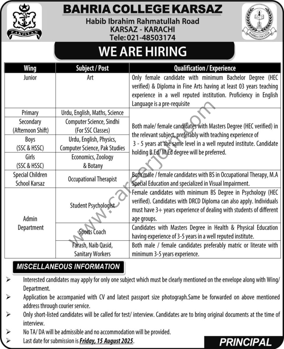 Bahria College Karsaz Jobs 10 August 2025 Express 1