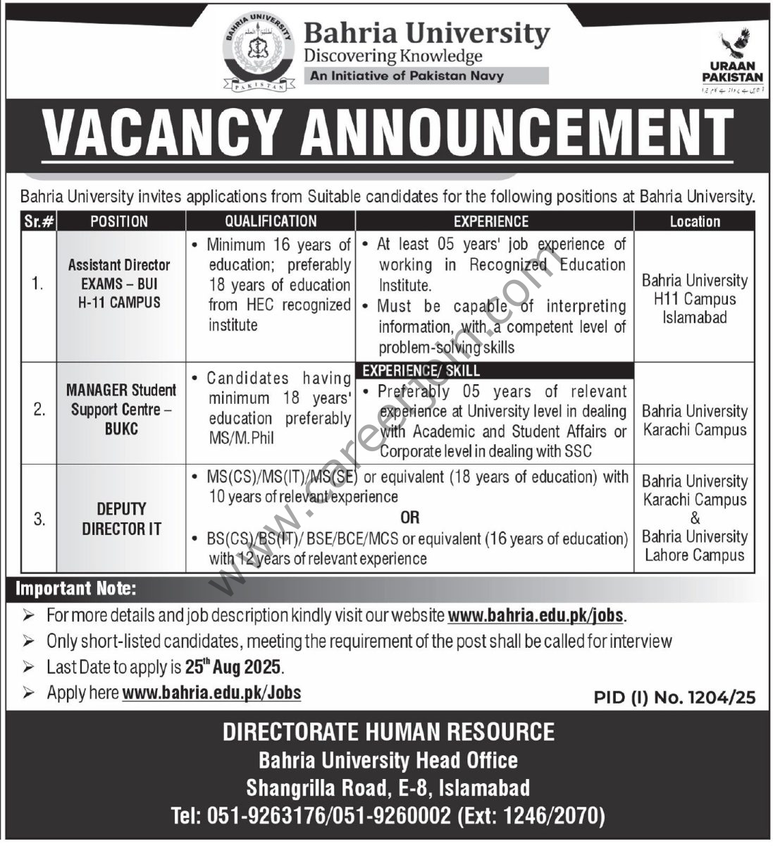 Bahria University Jobs 10 August 2025 Express Tribune 1