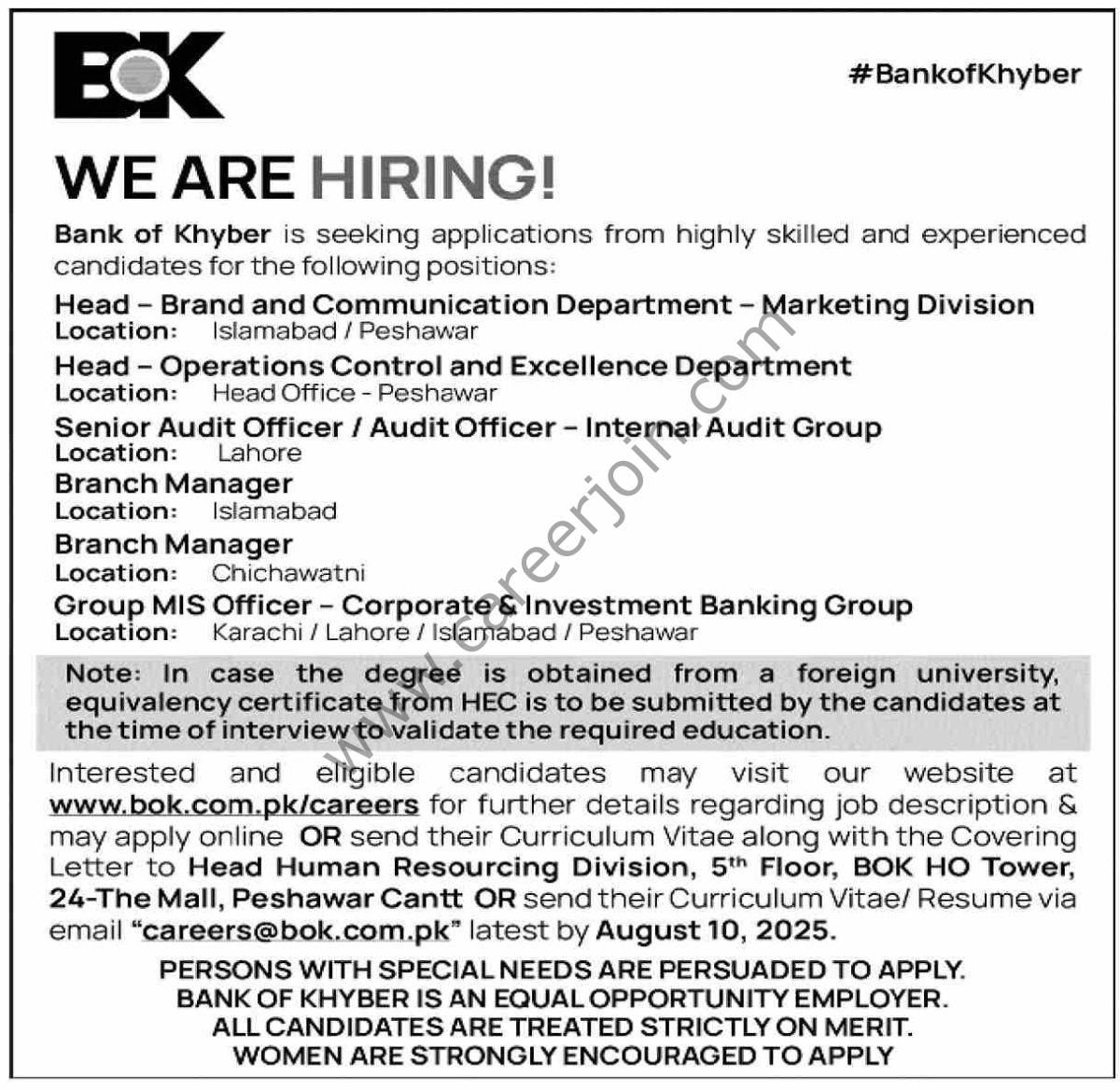 Bank of Khyber BOK Jobs 03 August 2025 Dawn 1