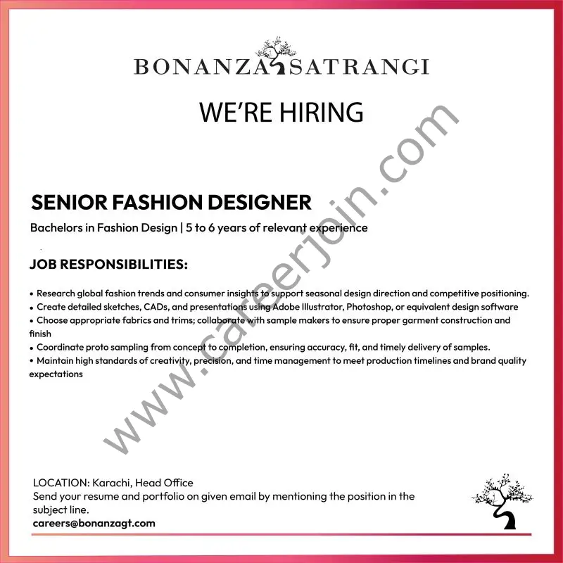 Bonanza Satrangi Jobs Senior Fashion Designer 1