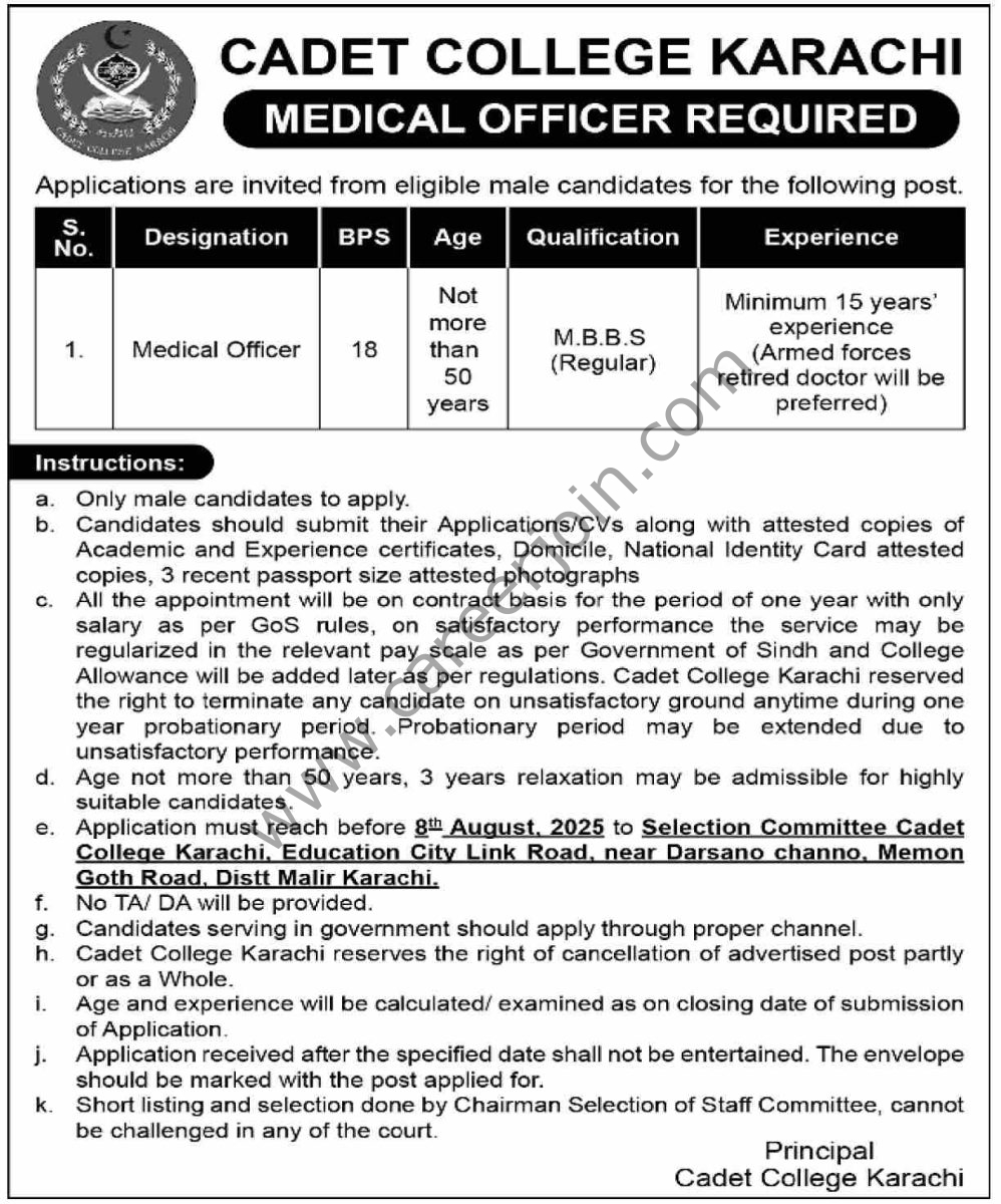 Cadet College Karachi Jobs 03 August 2025 Dawn 1