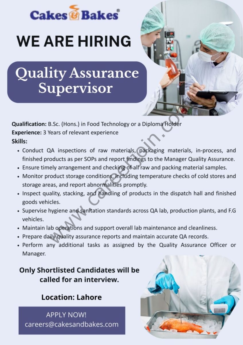 Cakes & Bakes Pakistan Jobs QA Supervisor 1