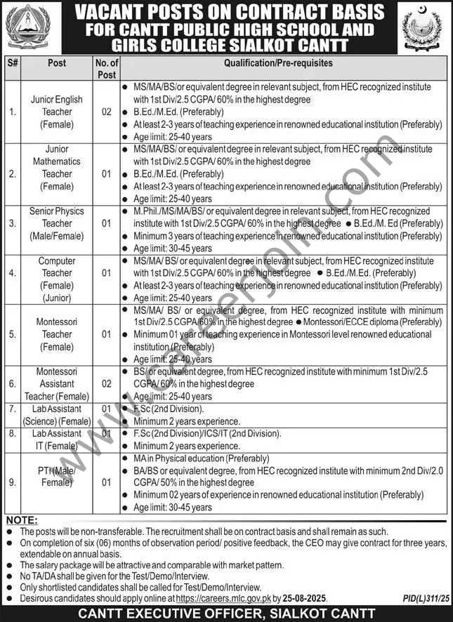 Cantt Public High School & Girls College Sialkot Cantt Jobs 10 August 2025 Express 1