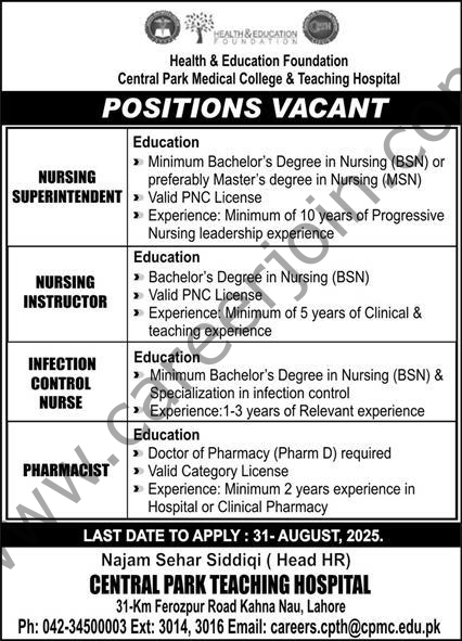 Central Park Teaching Hospital Jobs 24 August 2025 Express 1