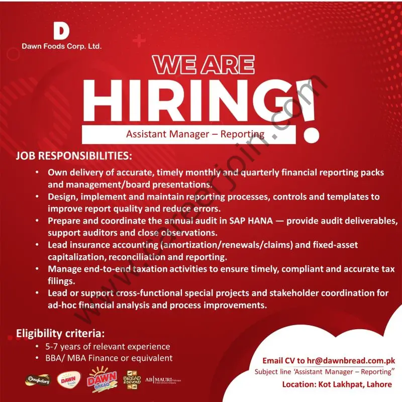 DAWN Foods Corp Ltd Jobs Assistant Manager Reporting 1