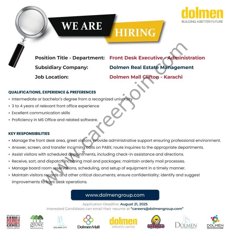 Dolmen Group Jobs Front Desk Executive Administration 1