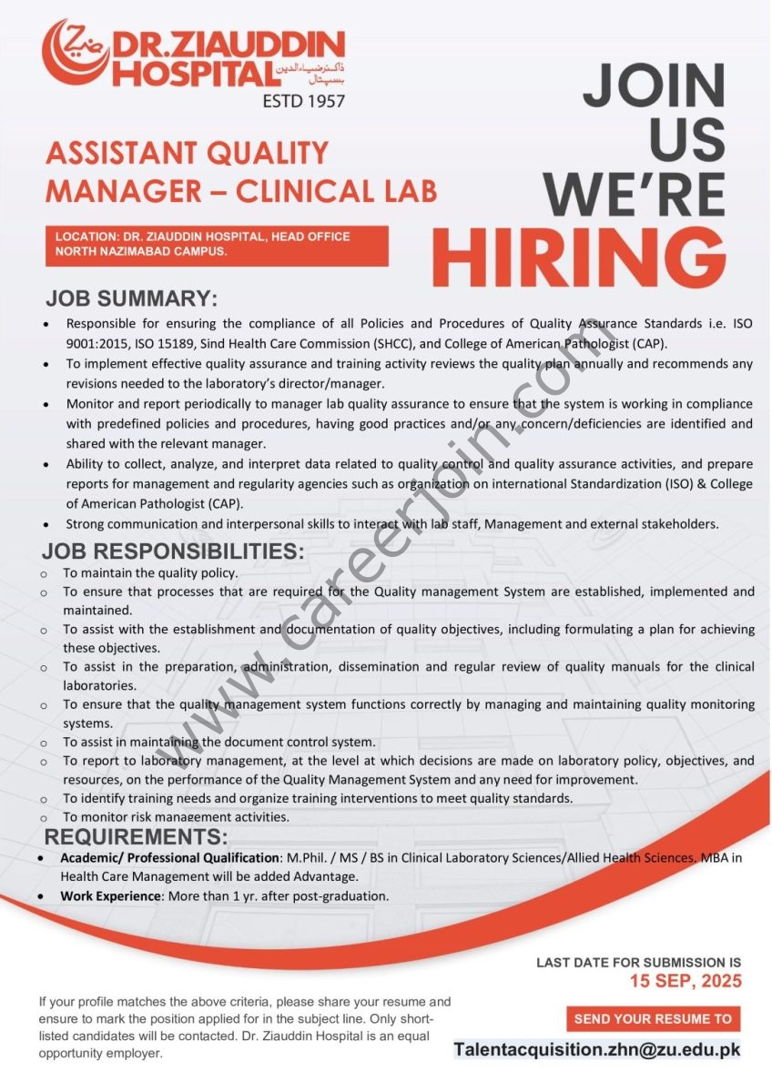 Dr Ziauddin Hospital Jobs Assistant Quality Manager 1