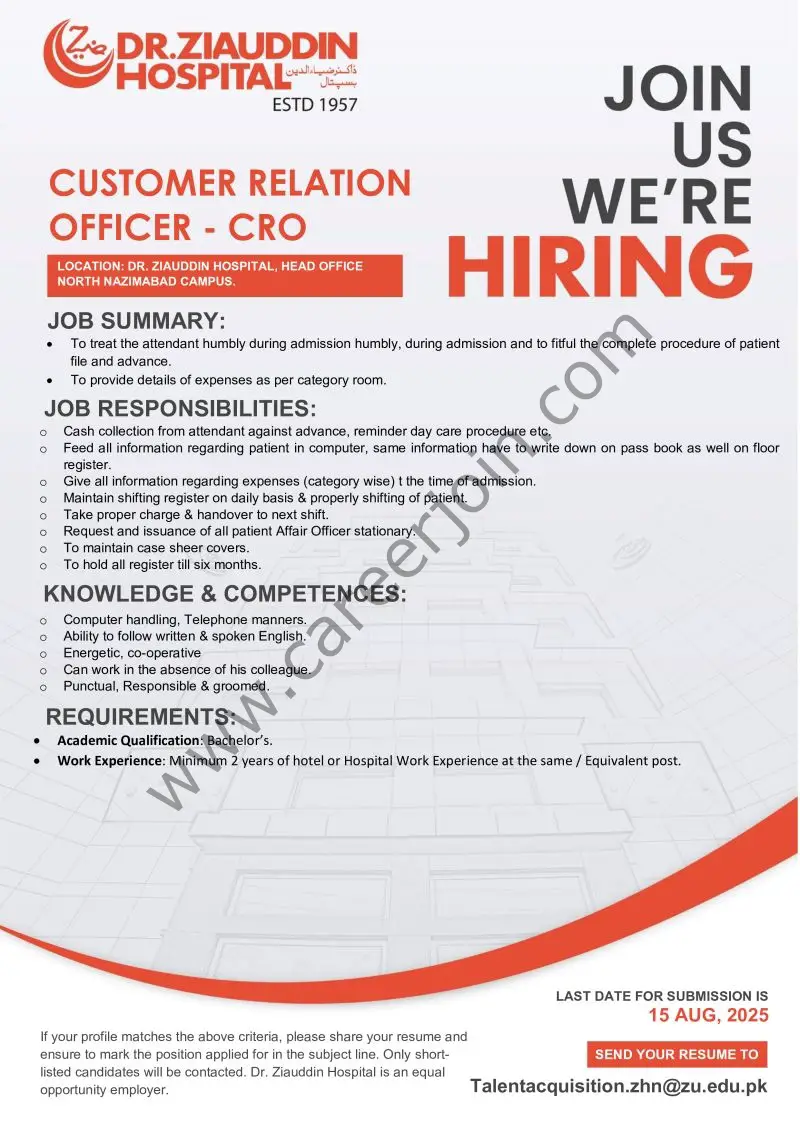 Dr Ziauddin Hospital Jobs Customer Relation Officer CRO 1