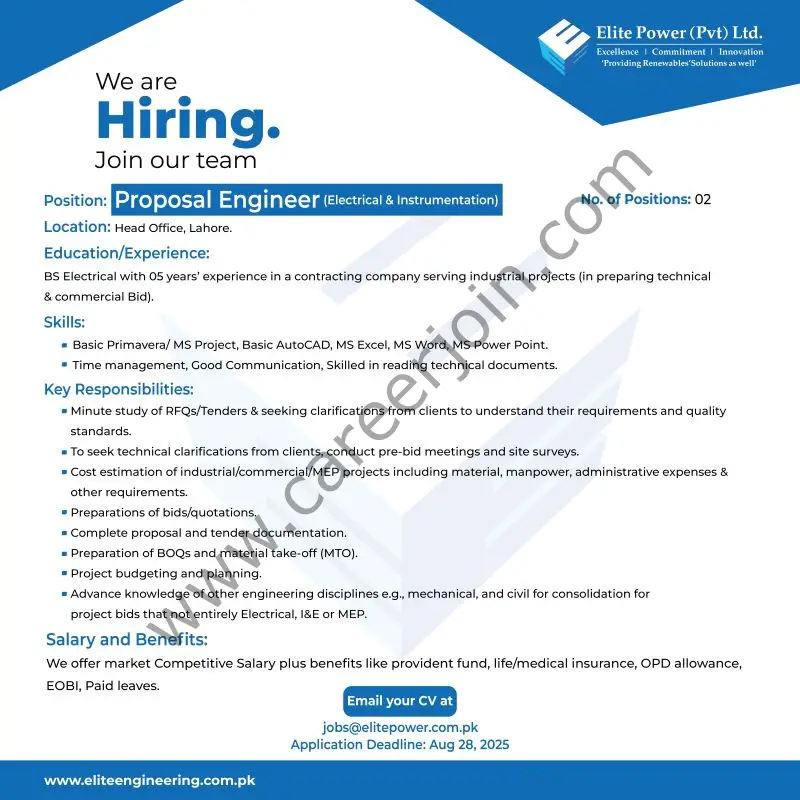Elite Power Pvt Ltd Jobs Proposal Engineer (Electrical & Instrumentation) 1