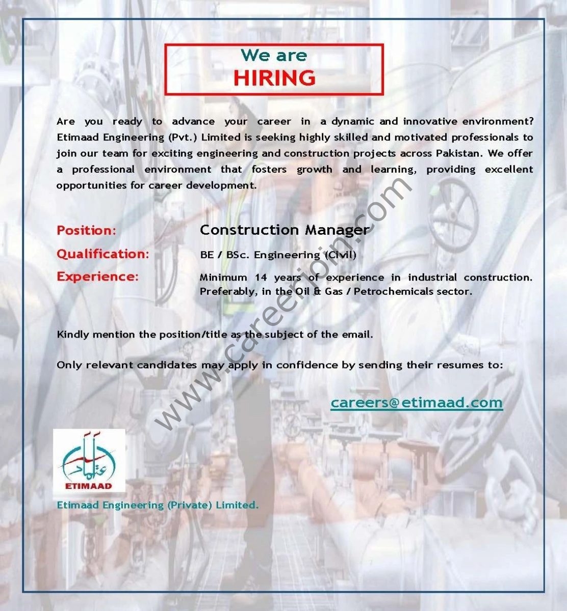 Etimaad Engineering Pvt Ltd Jobs Construction Manager 1