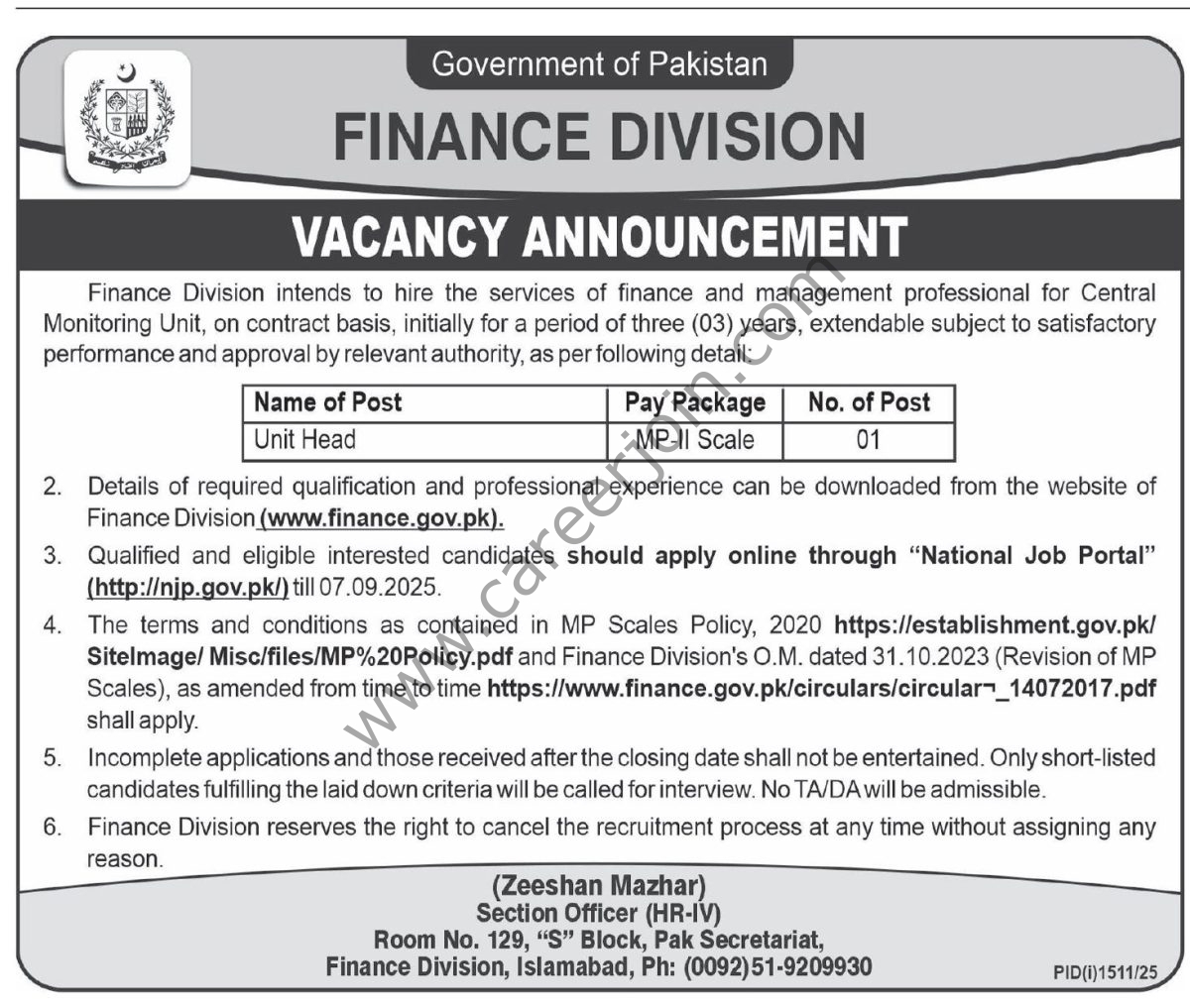 Finance Division Govt of Pakistan Jobs 24 August 2025 Express 1
