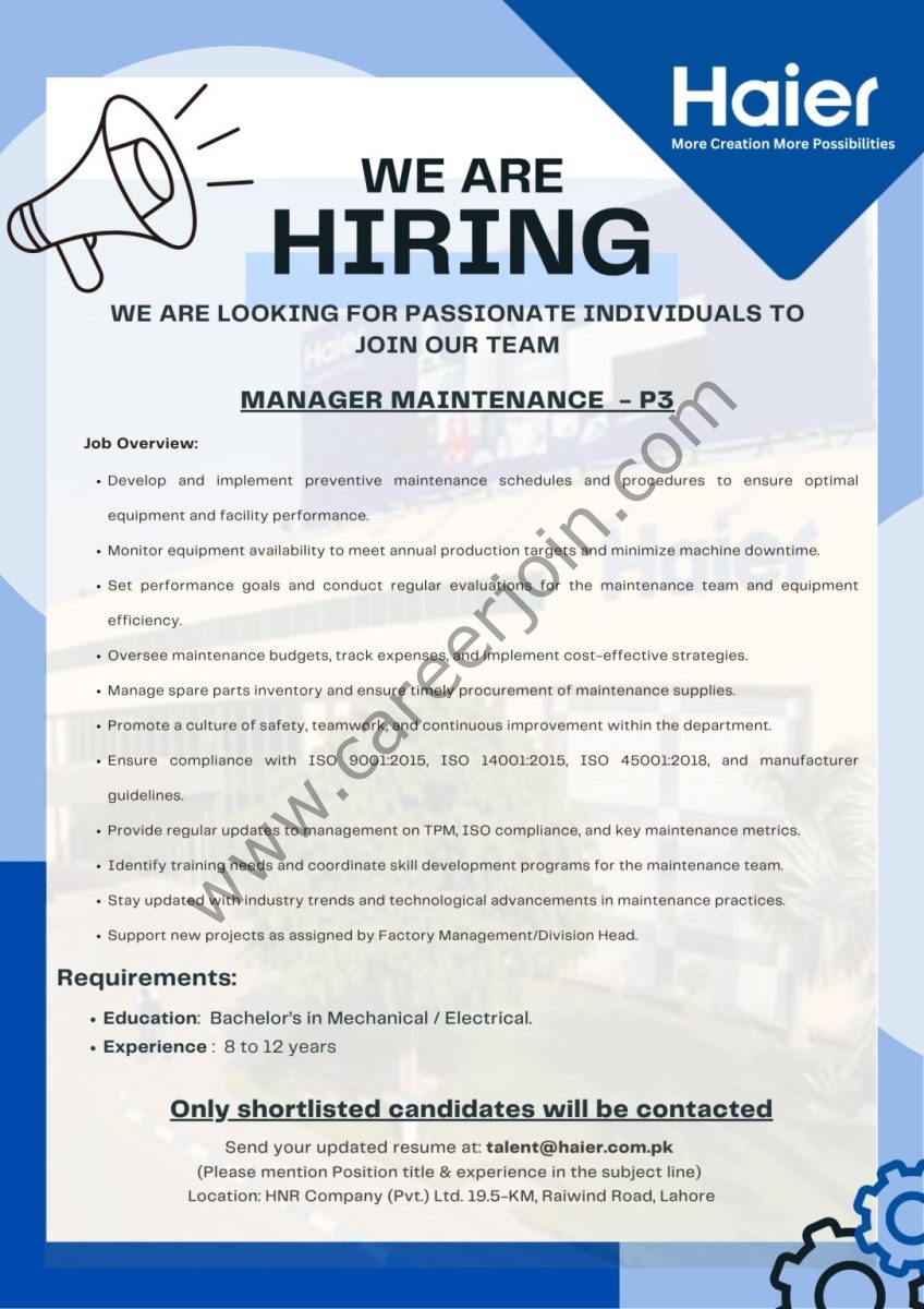 Haier Pakistan Jobs August 2025 1