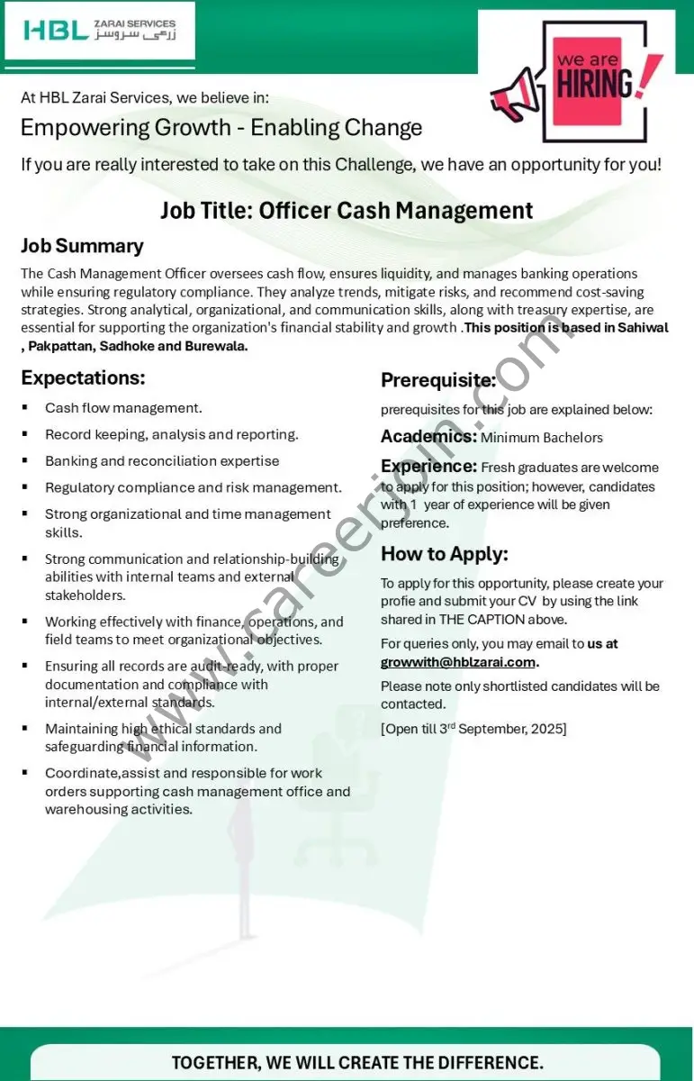 HBL Zarai Services Limited Jobs Officer Cash Management 1