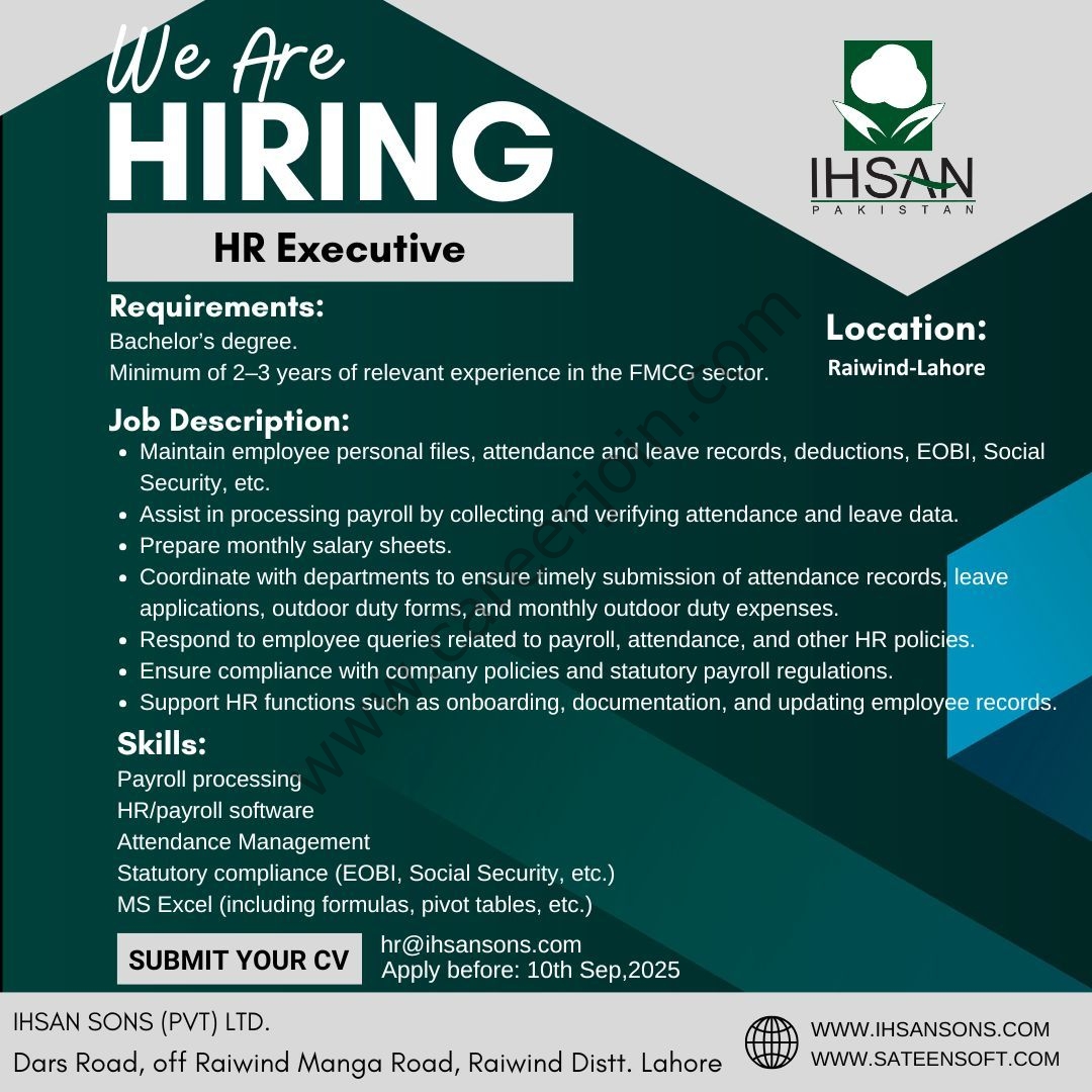 Ihsan Sons Pvt Ltd Jobs HR Executive 1