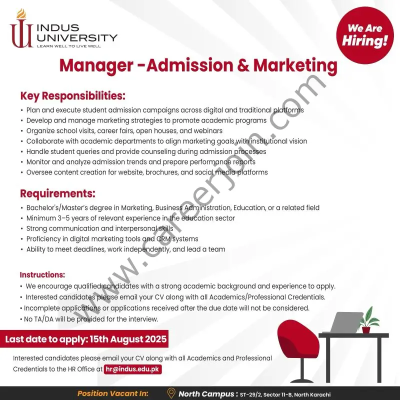 Indus University IU Jobs Manager Admission & Marketing 1