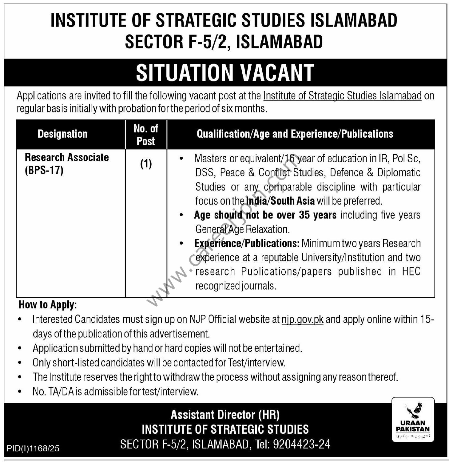 Institute of Strategic Studies Islamabad Jobs 10 August 2025 Express Tribune 1