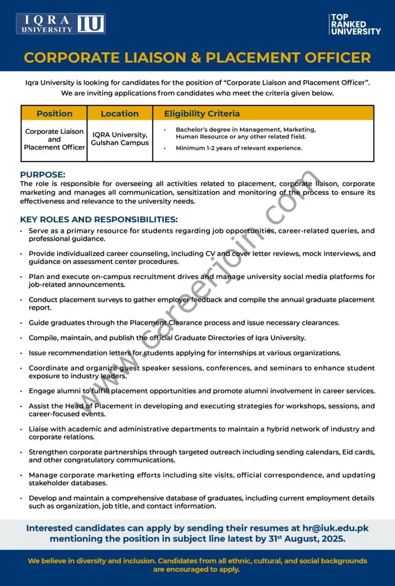 Iqra University Jobs Corporate Liaison & Placement Officer 1