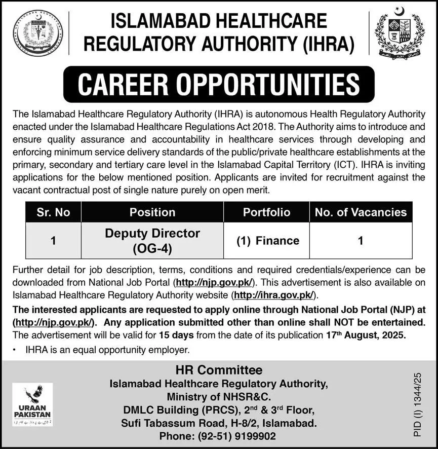 Islamabad Healthcare Regulatory Authority IHRA Jobs 17 August 2025 Express 1