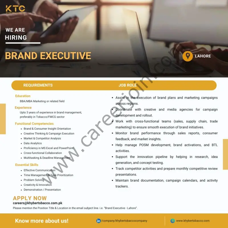 Khyber Tobacco Company KTC Jobs Brand Executive 1