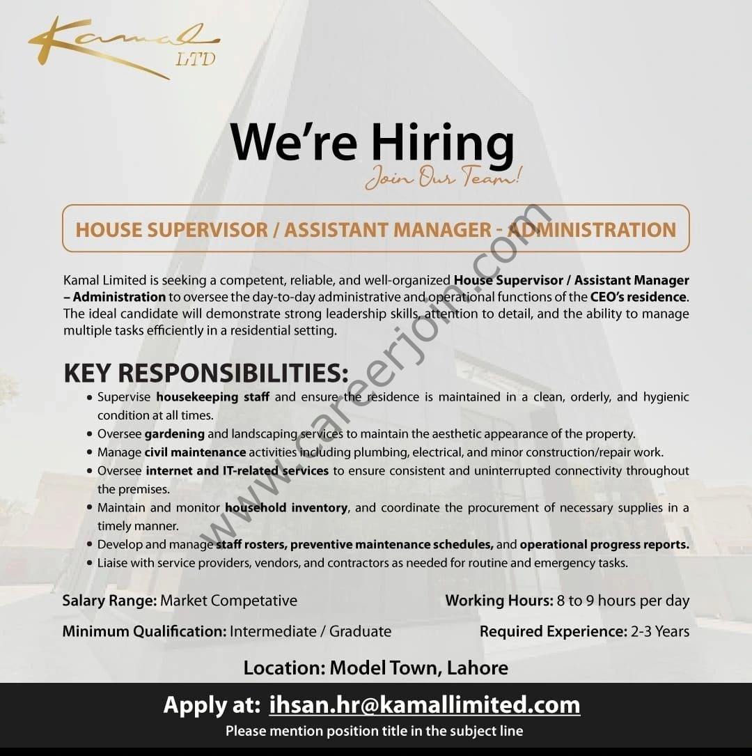 Kamal Limited Jobs House Supervisor / Assistant Manager Administration 1