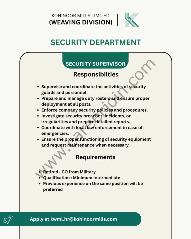 Kohinoor Mills Limited Jobs Security Supervisor 1