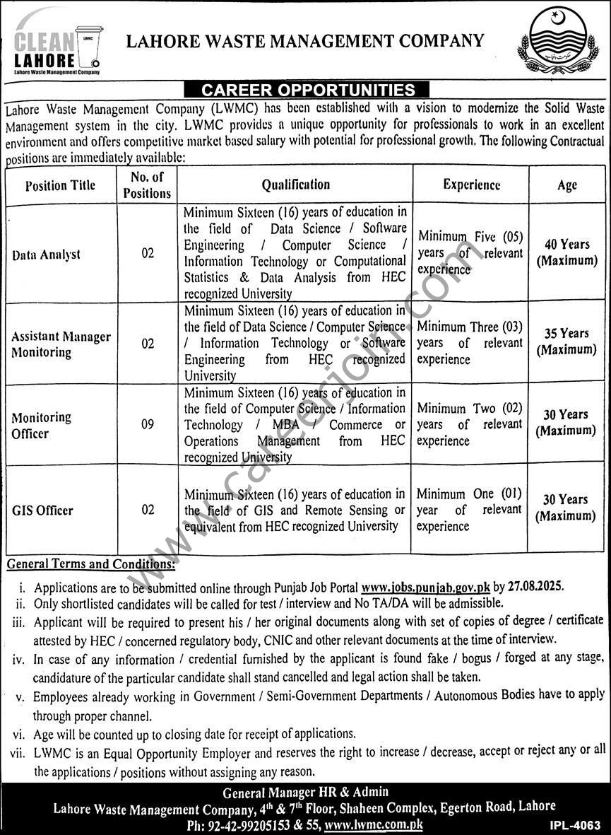 Lahore Waste Managemengt Co LWMC Jobs 14 August 2025 Express 1