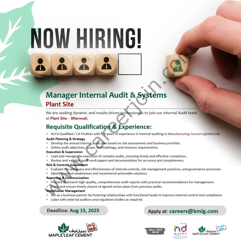 Maple Leaf cement Factory Ltd Jobs Manager Internal Audit & Systems 1