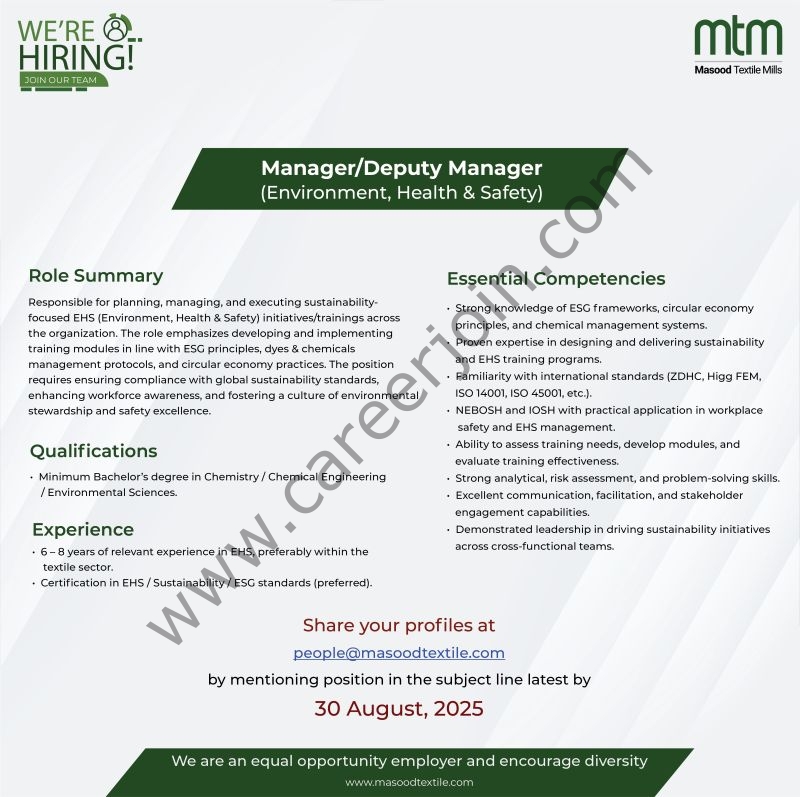 Masood Textile Mills MTM Jobs Manager/Deputy Manager 1