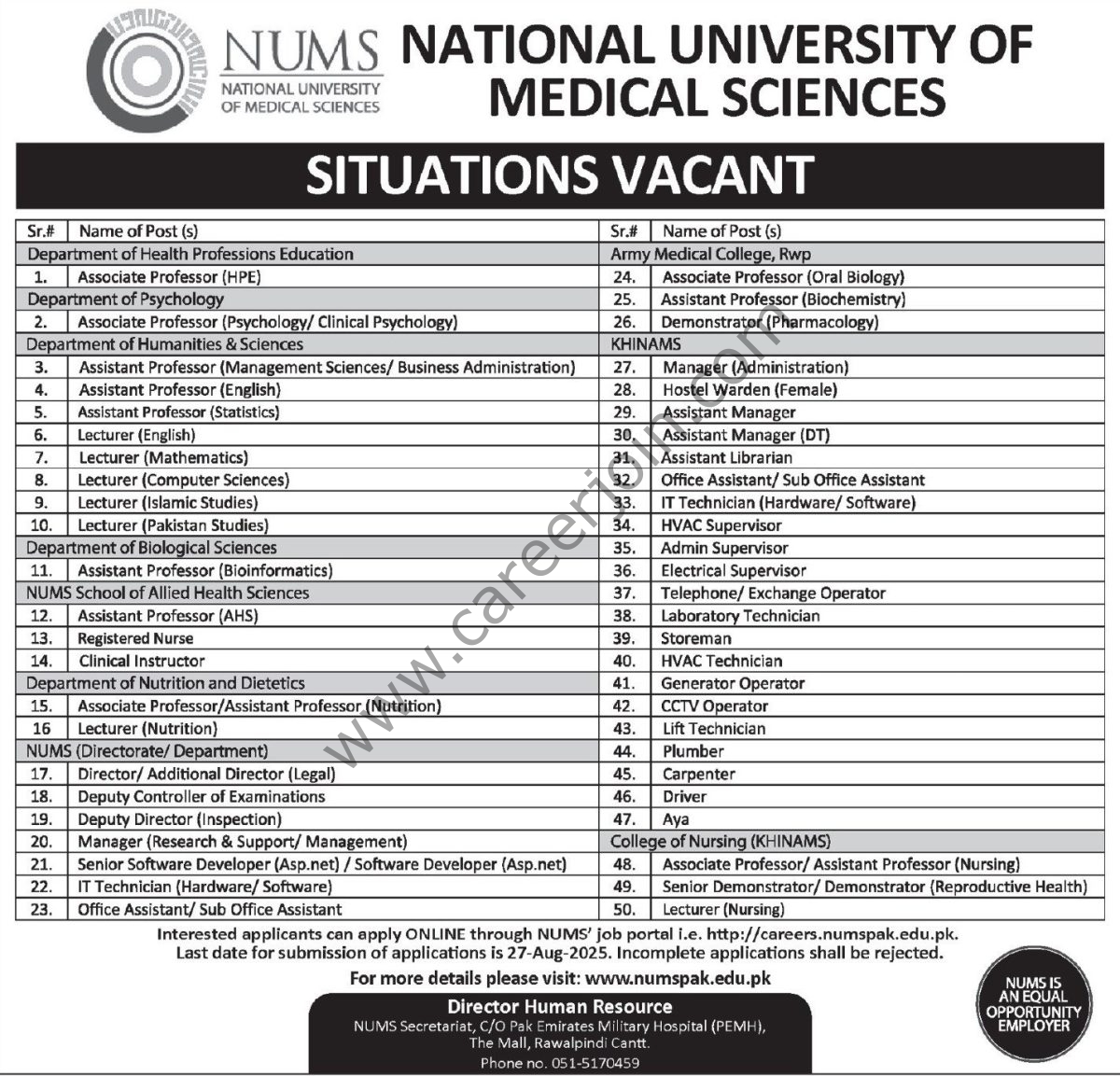 National University of Medical Sciences NUMS Jobs 10 August 2025 Express Tribune 1