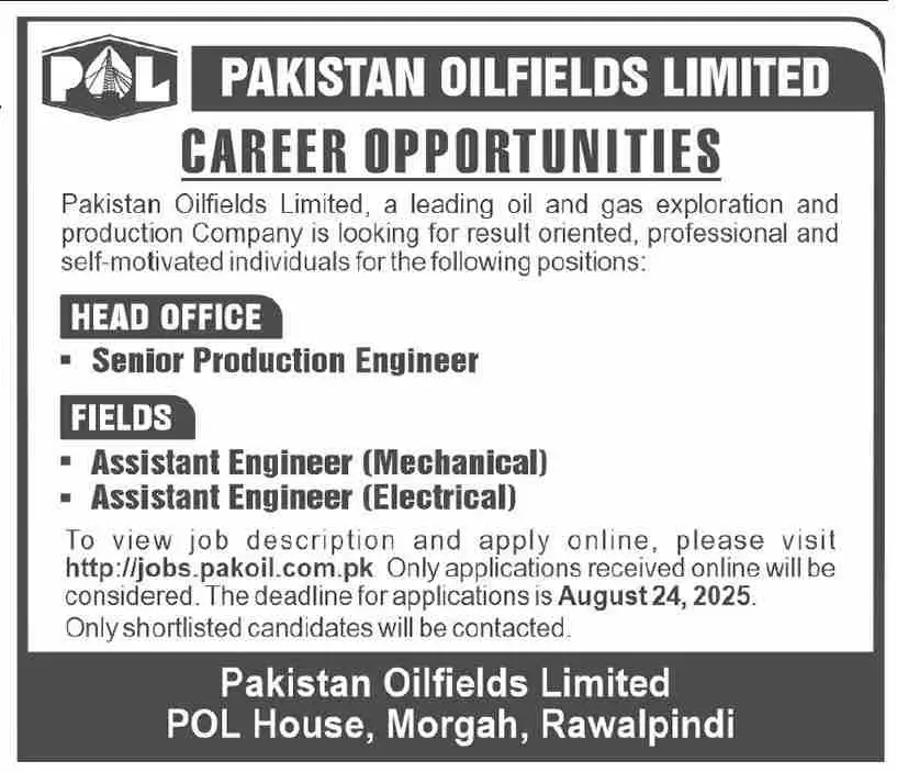 Pakistan Oilfields Ltd POL Jobs 17 August 2025 Dawn 1