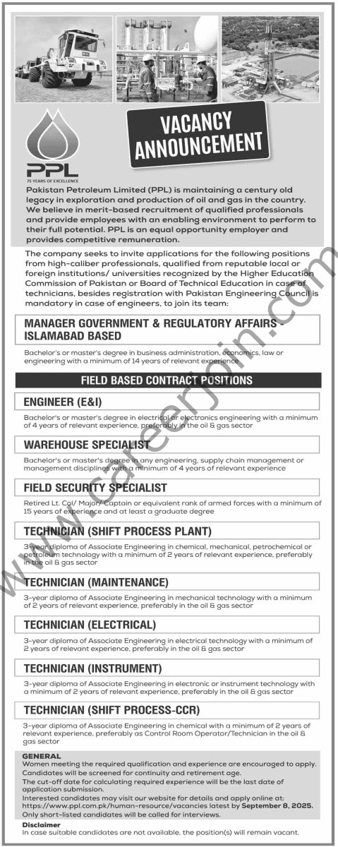 Pakistan Petroleum Ltd PPL Jobs 24 August 2025 Dawn 1
