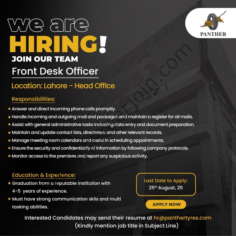Panther Tyres Limited Jobs Front Desk Officer 1