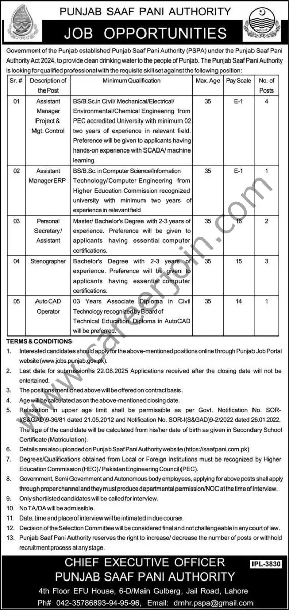 Punjab Saaf Pani Authority PSPA Jobs 02 August 2025 Express 1