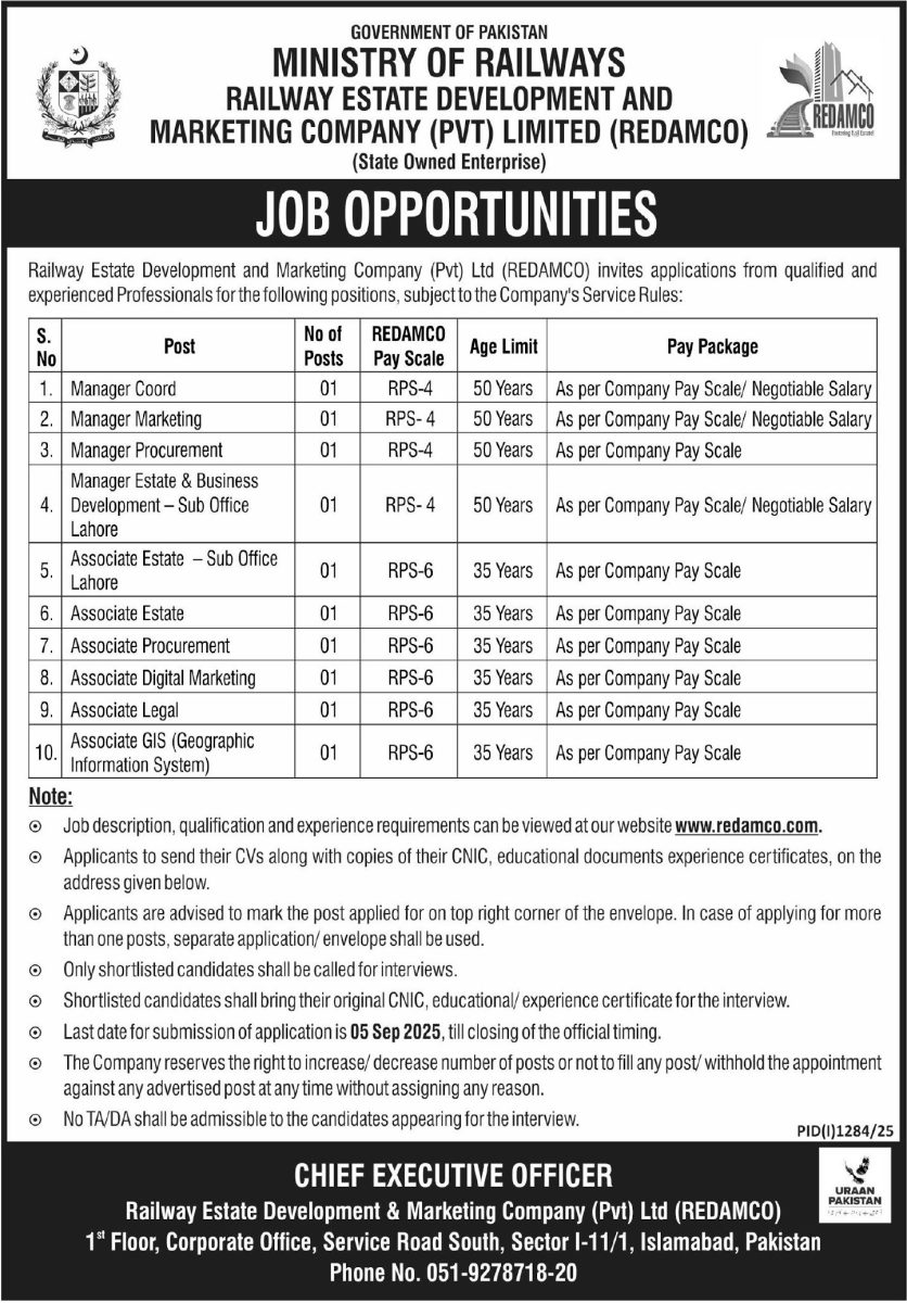 Railway Estate Development & Marketing Co Pvt Ltd REDAMCO Jobs 17 August 2025 Express Tribune 1