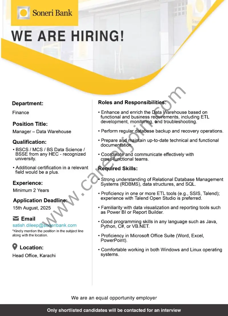 Soneri Bank Limited Jobs Manager Data Warehouse 1