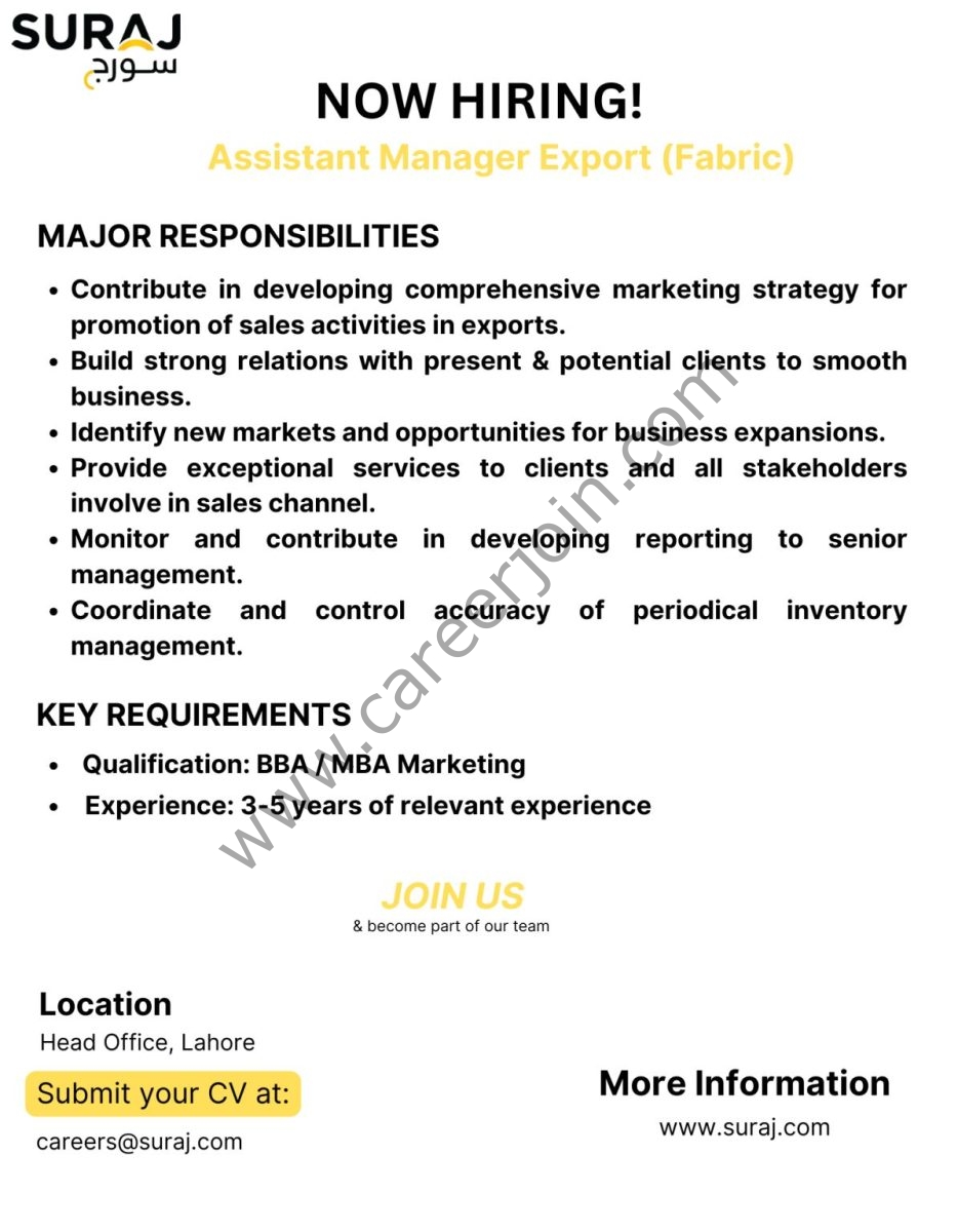 Suraj Cotton Mills Limited Jobs Assistant Manager Export 1