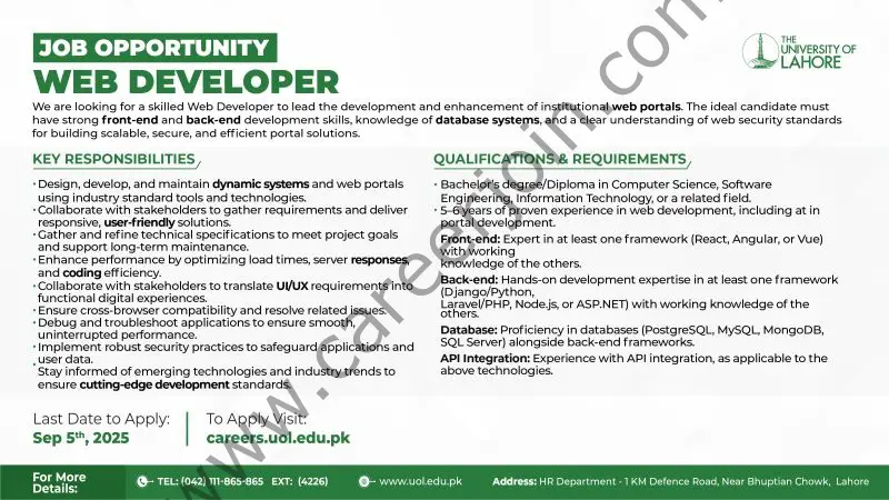 University of Lahore UOL Jobs Web Developer 1