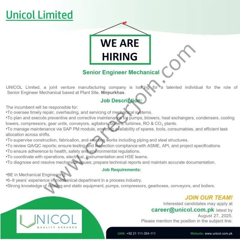 Unicol Limited Jobs Senior Engineer Mechanical 1