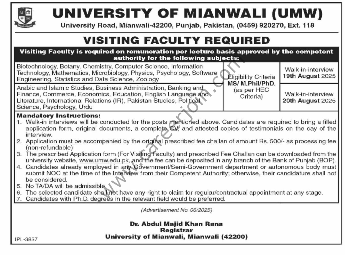 University Of Mianwali UMW Jobs 02 August 2025 Dawn 1