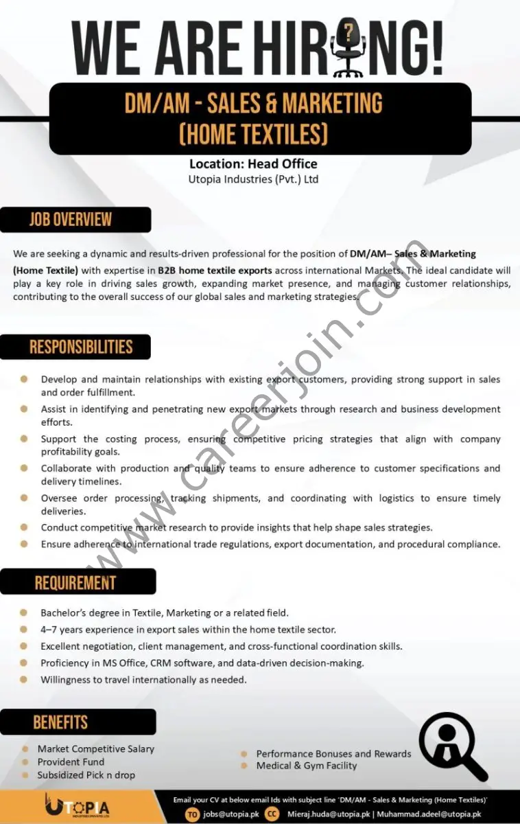 Utopia Industries Pvt Ltd Jobs Deputy / Assistant Manager Sales & Marketing 1