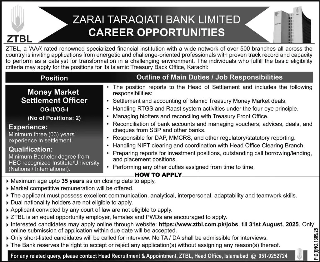 Zarai Taraqiati Bank Ltd ZTBL Jobs 17 August 2025 Express 1