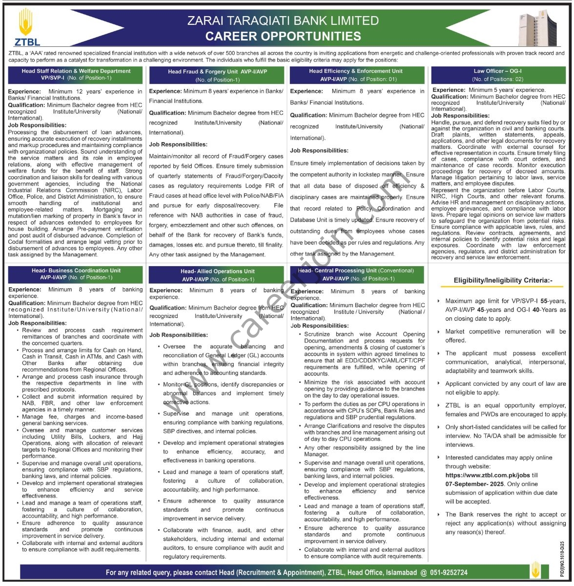 Zarai Taraqiati Bank Ltd ZTBL Jobs 24 August 2025 Express Tribune 1